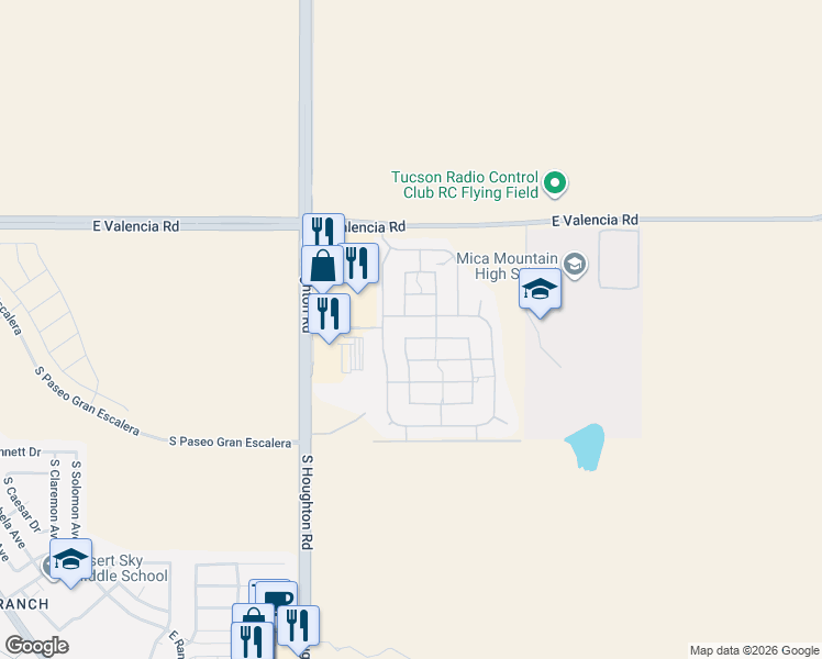 map of restaurants, bars, coffee shops, grocery stores, and more near 7534 Hinds Willow Way in Tucson