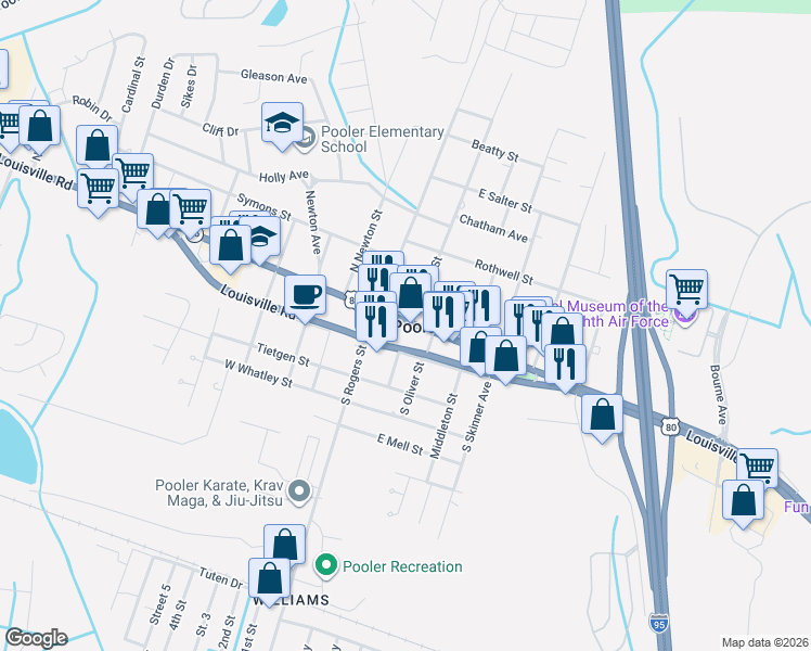 map of restaurants, bars, coffee shops, grocery stores, and more near  in Pooler