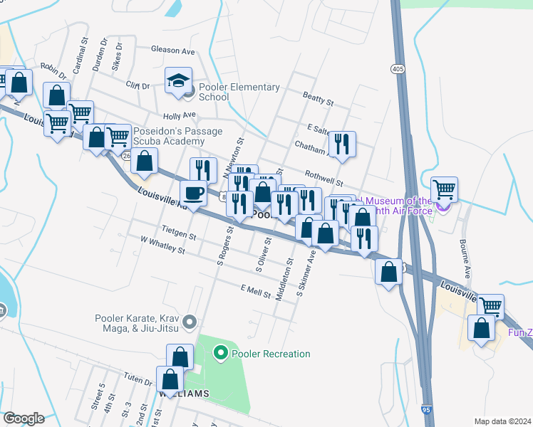 map of restaurants, bars, coffee shops, grocery stores, and more near 85-125 Louisville Rd in Pooler