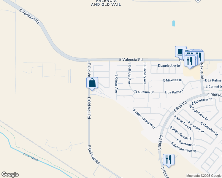 map of restaurants, bars, coffee shops, grocery stores, and more near 7489 South Arizona Madera Drive in Tucson