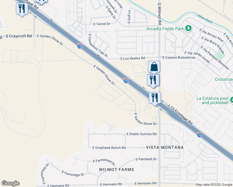 map of restaurants, bars, coffee shops, grocery stores, and more near 6026 East Gabilan Lane in Tucson
