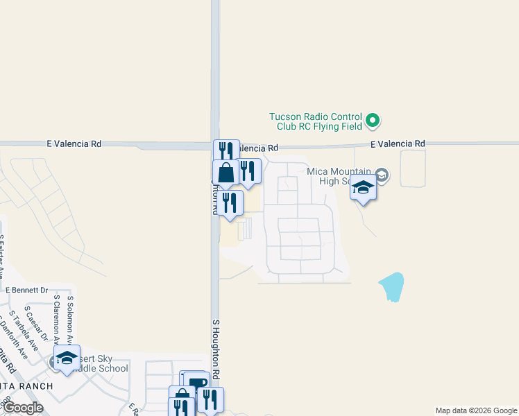 map of restaurants, bars, coffee shops, grocery stores, and more near 7478 South Pacific Willow Drive in Tucson