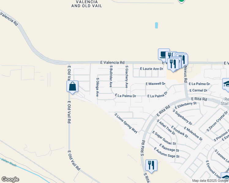 map of restaurants, bars, coffee shops, grocery stores, and more near 7485 South Bullrider Avenue in Tucson