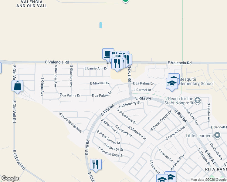 map of restaurants, bars, coffee shops, grocery stores, and more near 9063 East La Palma Drive in Tucson