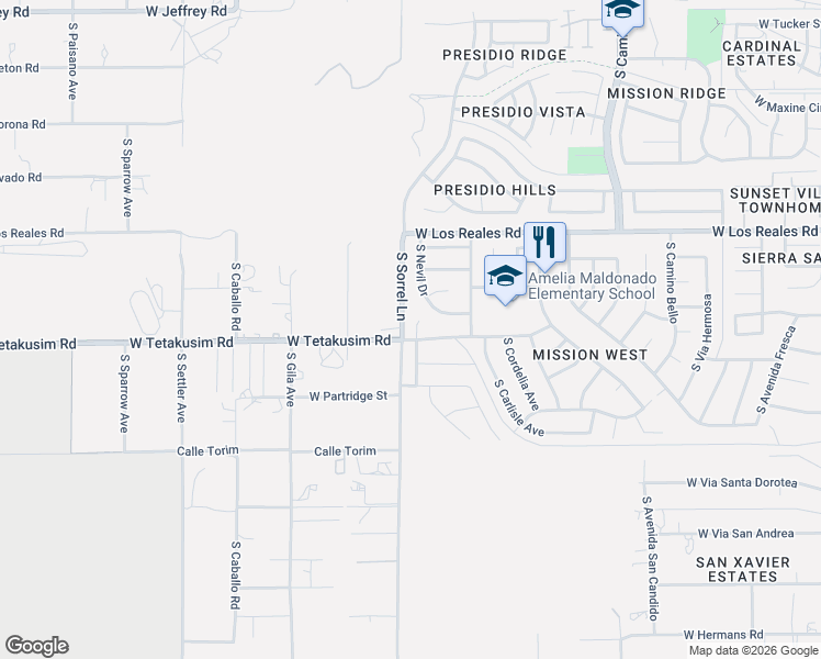 map of restaurants, bars, coffee shops, grocery stores, and more near 7430 S Nevil Dr in Tucson