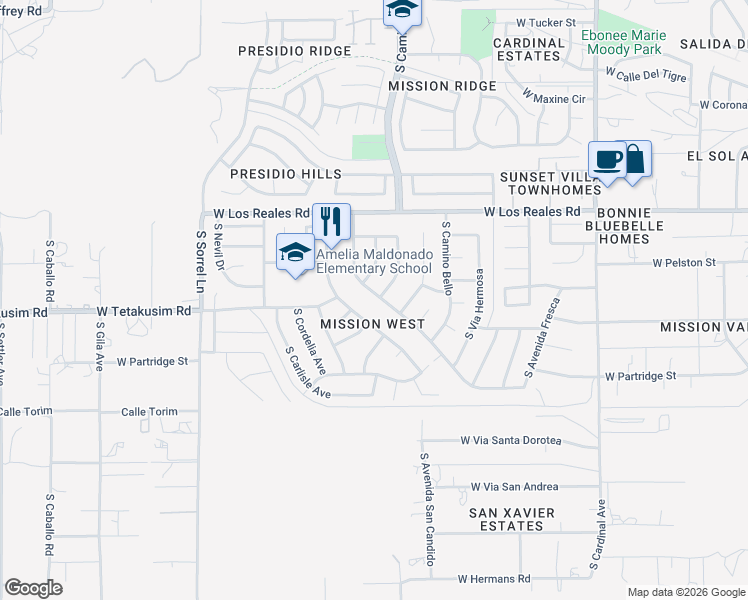 map of restaurants, bars, coffee shops, grocery stores, and more near 3381 West Calle De La Bajada in Tucson