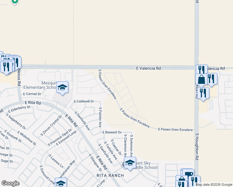 map of restaurants, bars, coffee shops, grocery stores, and more near 7452 South Pyramid Ridge Drive in Tucson