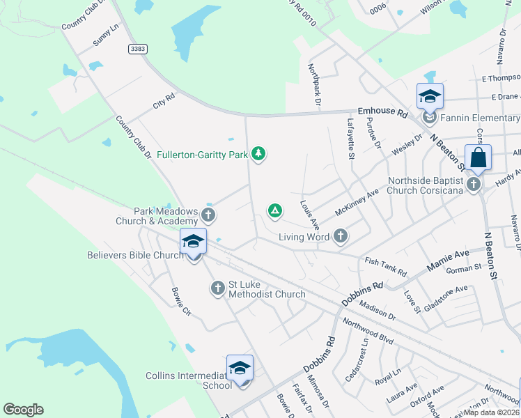 map of restaurants, bars, coffee shops, grocery stores, and more near 3019 McKnight Lane in Corsicana