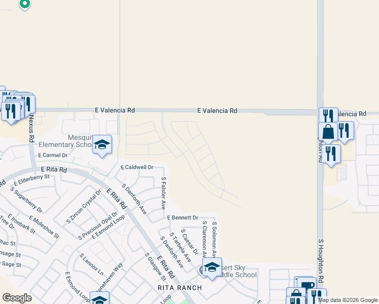 map of restaurants, bars, coffee shops, grocery stores, and more near 7511 South Falster Avenue in Tucson