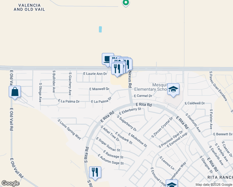 map of restaurants, bars, coffee shops, grocery stores, and more near 9063 East La Palma Drive in Tucson