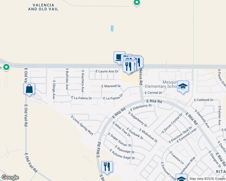 map of restaurants, bars, coffee shops, grocery stores, and more near 8992 East Maxwell Drive in Tucson