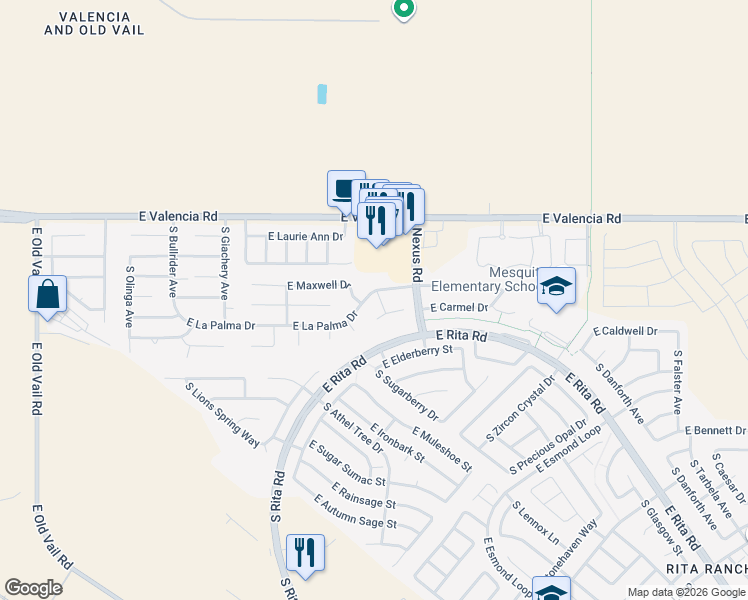 map of restaurants, bars, coffee shops, grocery stores, and more near 9063 East La Palma Drive in Tucson