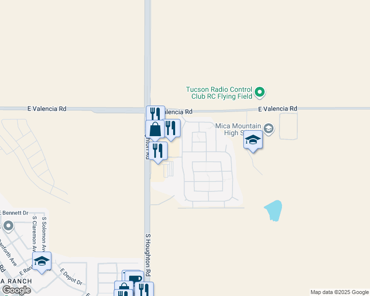 map of restaurants, bars, coffee shops, grocery stores, and more near 7449 South Pacific Willow Drive in Tucson