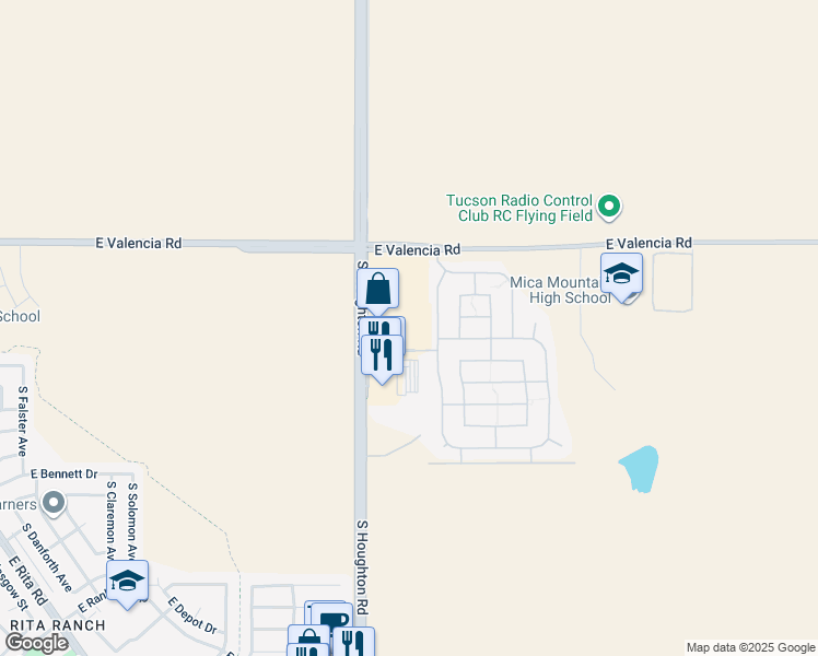 map of restaurants, bars, coffee shops, grocery stores, and more near 7451 South Houghton Road in Tucson