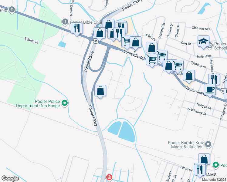 map of restaurants, bars, coffee shops, grocery stores, and more near 10 Hayden's Court in Pooler