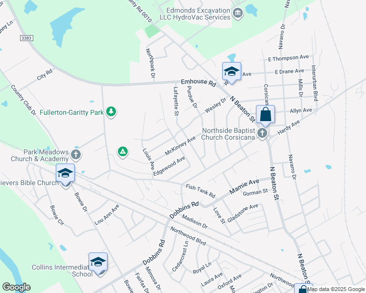map of restaurants, bars, coffee shops, grocery stores, and more near 2933 Oakridge Drive in Corsicana