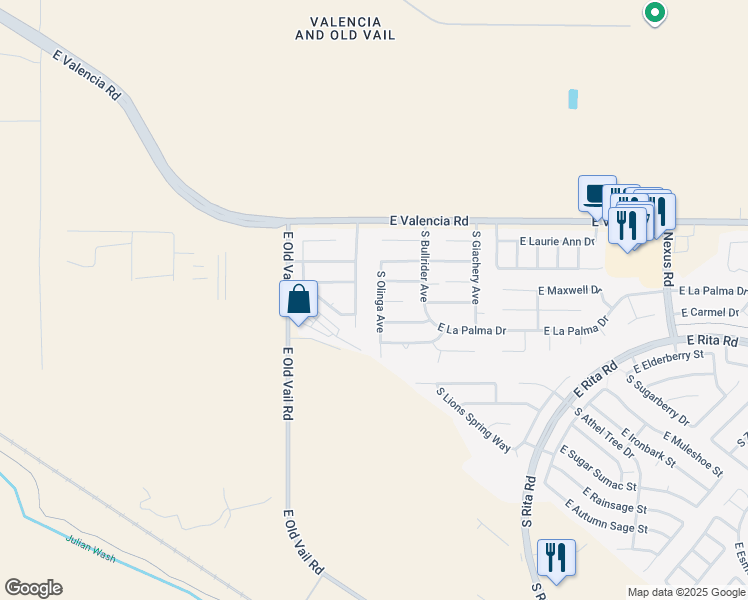 map of restaurants, bars, coffee shops, grocery stores, and more near 7444 South Olinga Avenue in Tucson
