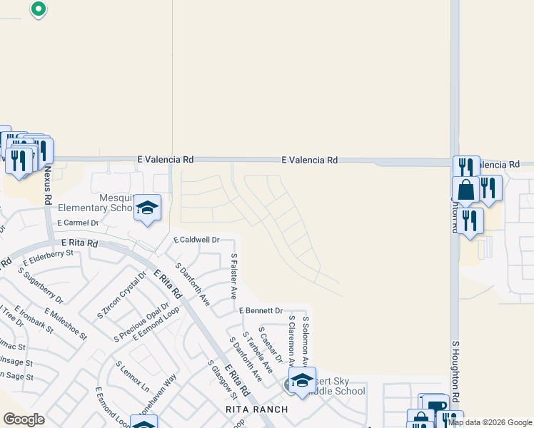 map of restaurants, bars, coffee shops, grocery stores, and more near 7511 South Falster Avenue in Tucson