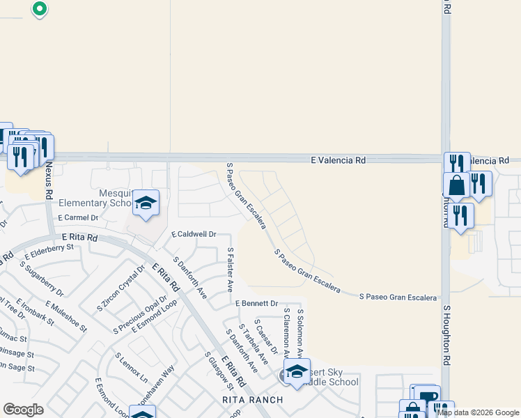 map of restaurants, bars, coffee shops, grocery stores, and more near 7511 South Falster Avenue in Tucson