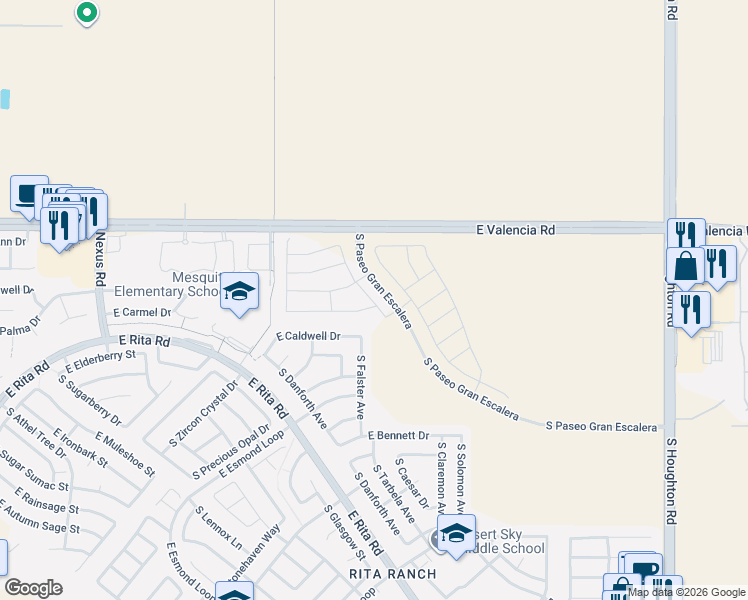 map of restaurants, bars, coffee shops, grocery stores, and more near 7511 South Falster Avenue in Tucson
