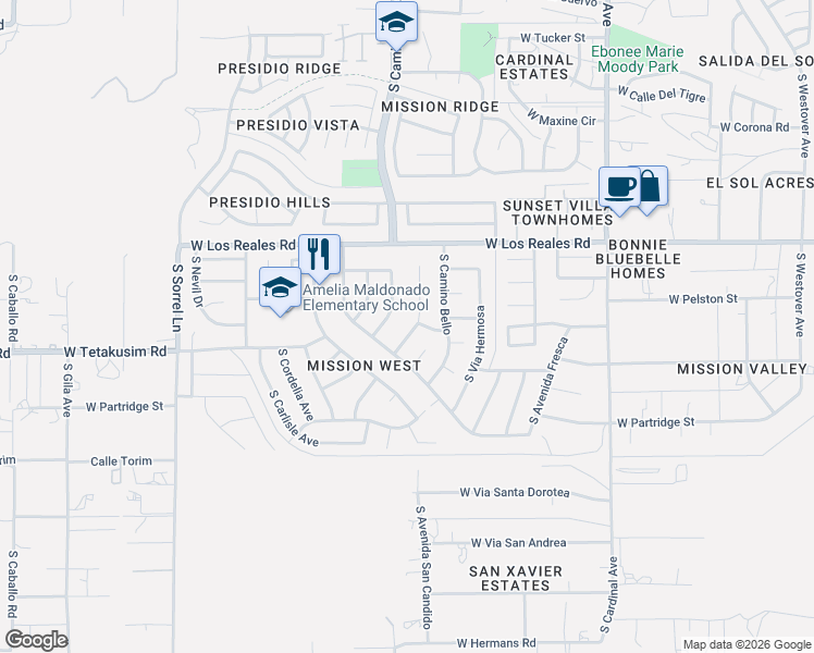 map of restaurants, bars, coffee shops, grocery stores, and more near 7441 South Camino De La Tierra in Tucson
