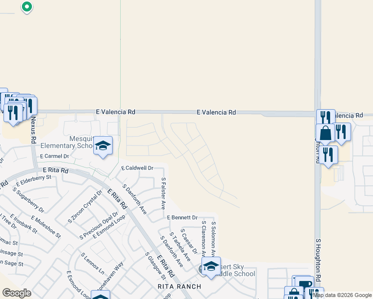 map of restaurants, bars, coffee shops, grocery stores, and more near 7511 South Falster Avenue in Tucson