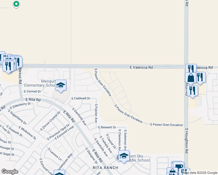 map of restaurants, bars, coffee shops, grocery stores, and more near 7511 South Falster Avenue in Tucson