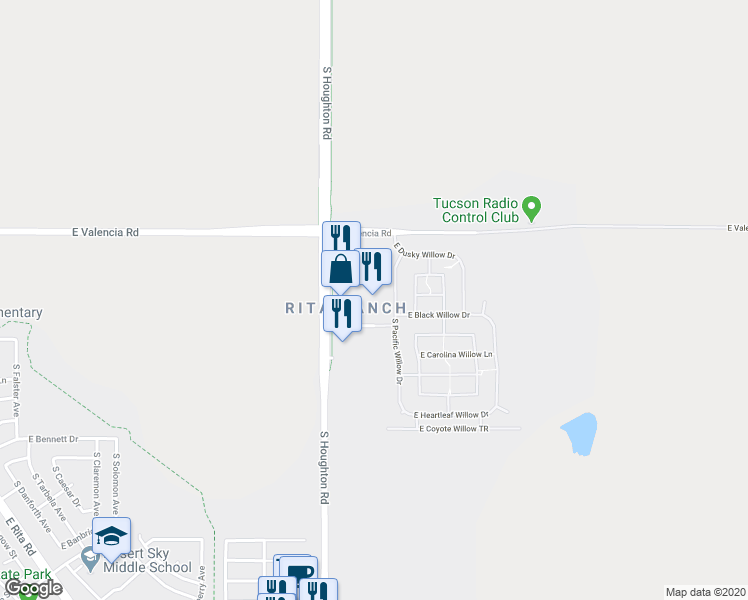 map of restaurants, bars, coffee shops, grocery stores, and more near 7451 South Houghton Road in Tucson