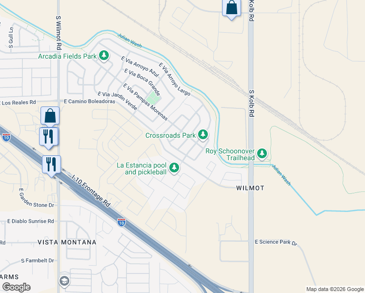 map of restaurants, bars, coffee shops, grocery stores, and more near 7465 South Via Plaza del Maya in Tucson