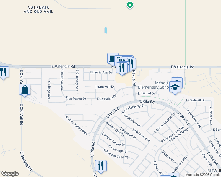 map of restaurants, bars, coffee shops, grocery stores, and more near 8992 East Maxwell Drive in Tucson