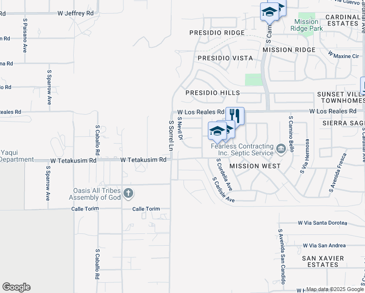 map of restaurants, bars, coffee shops, grocery stores, and more near 7430 South Nevil Drive in Tucson