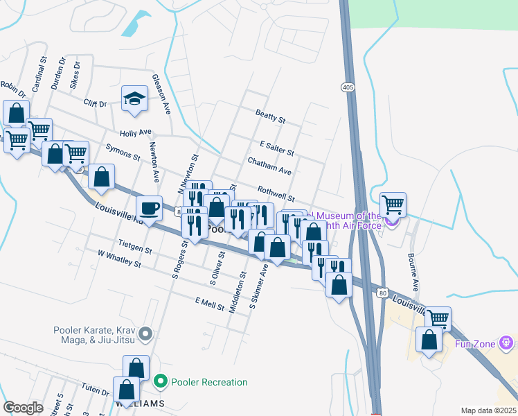 map of restaurants, bars, coffee shops, grocery stores, and more near 127 Read Street in Pooler