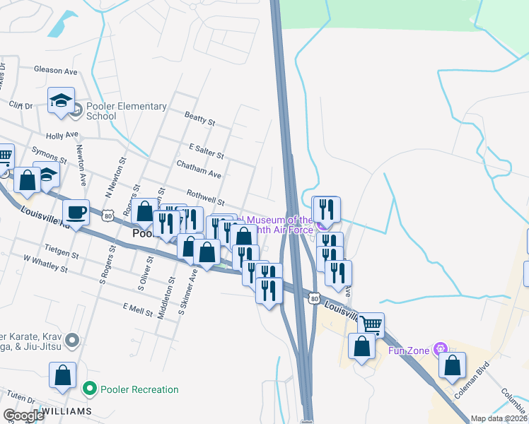 map of restaurants, bars, coffee shops, grocery stores, and more near 412 Rothwell Street in Pooler
