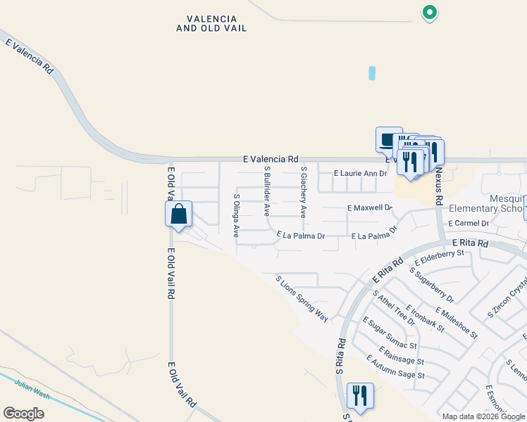 map of restaurants, bars, coffee shops, grocery stores, and more near 7440 South Bullrider Avenue in Tucson