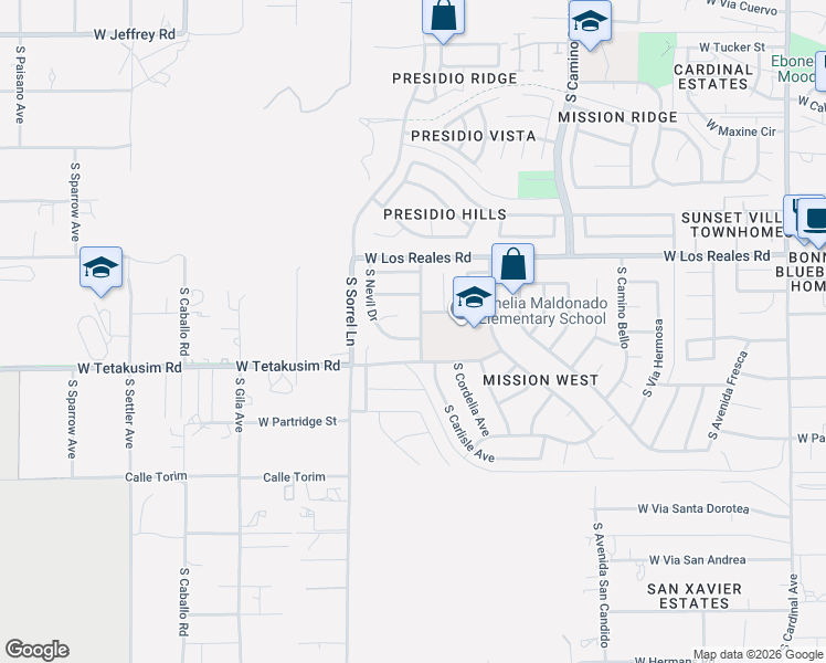 map of restaurants, bars, coffee shops, grocery stores, and more near 7471 South Nevil Drive in Tucson