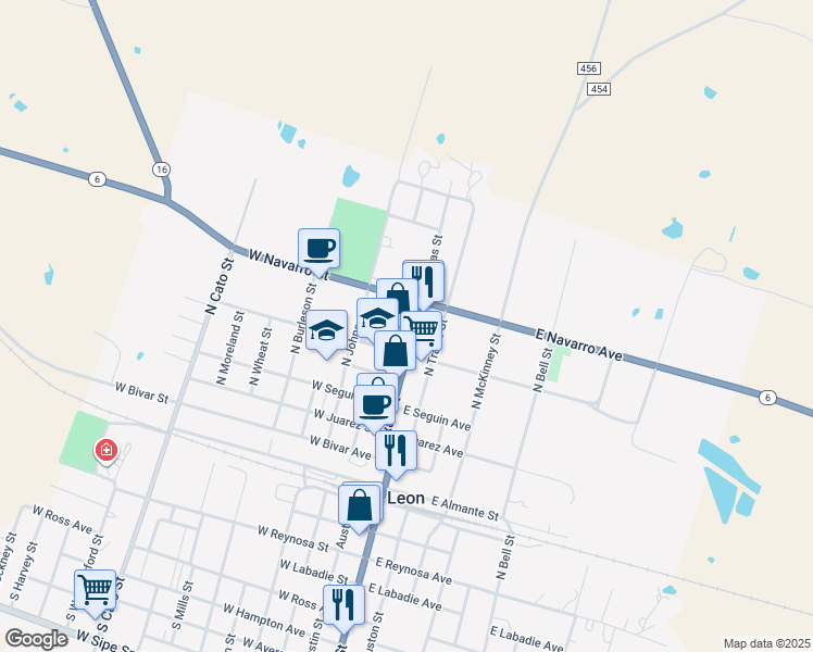 map of restaurants, bars, coffee shops, grocery stores, and more near 900 North Texas Street in De Leon