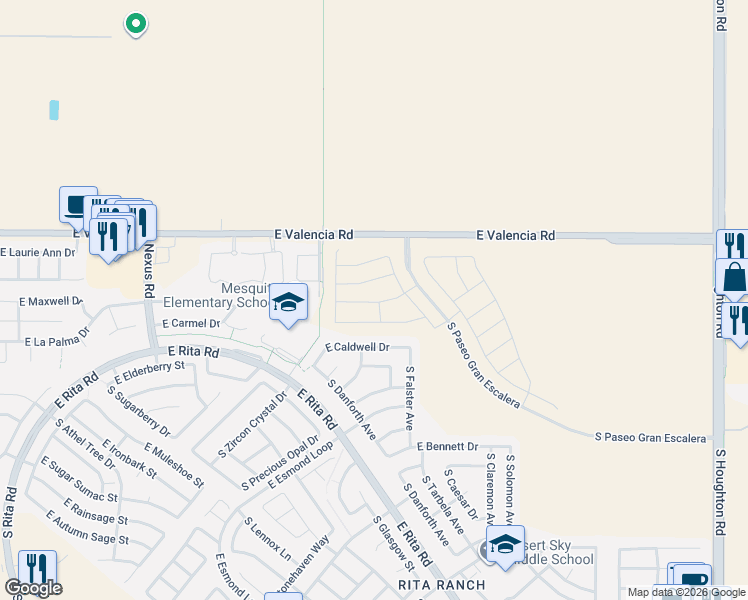 map of restaurants, bars, coffee shops, grocery stores, and more near 9631 East Caldwell Drive in Tucson