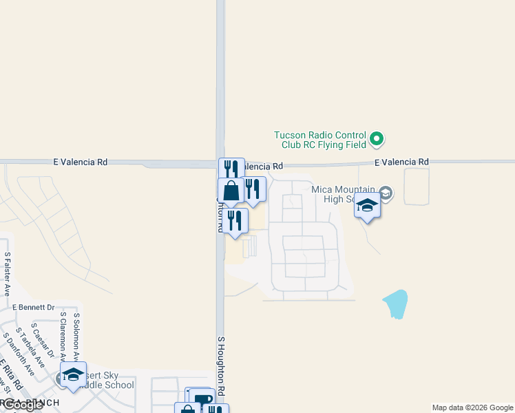 map of restaurants, bars, coffee shops, grocery stores, and more near 7451 South Houghton Road in Tucson