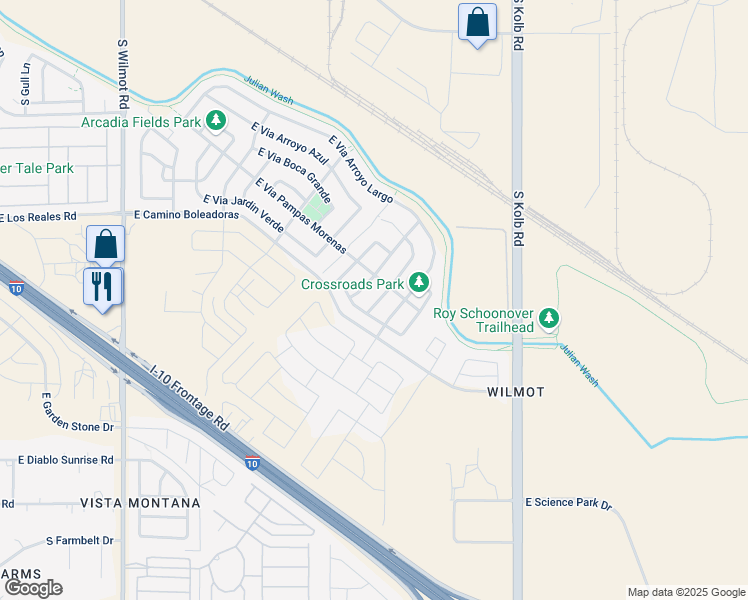 map of restaurants, bars, coffee shops, grocery stores, and more near 7459 South Via Plaza del Maya in Tucson