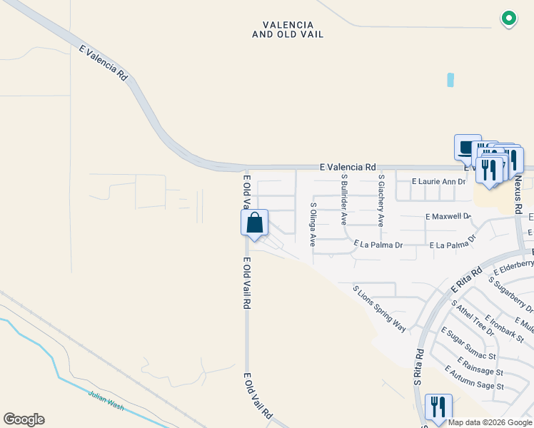 map of restaurants, bars, coffee shops, grocery stores, and more near 8464 East Vía Cortina De Madera in Tucson