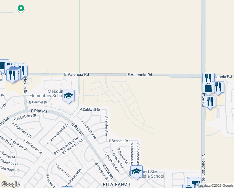 map of restaurants, bars, coffee shops, grocery stores, and more near 7511 South Falster Avenue in Tucson