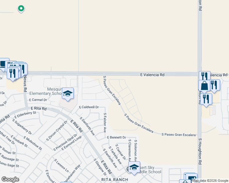 map of restaurants, bars, coffee shops, grocery stores, and more near 7404 South Pyramid Ridge Drive in Tucson