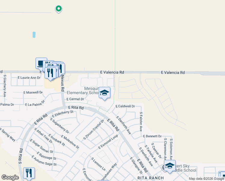 map of restaurants, bars, coffee shops, grocery stores, and more near 9495 East Rita Road in Tucson