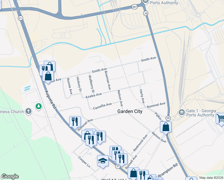 map of restaurants, bars, coffee shops, grocery stores, and more near 102 Bowman Avenue in Savannah