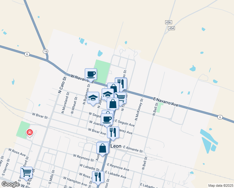 map of restaurants, bars, coffee shops, grocery stores, and more near 900 North Texas Street in De Leon