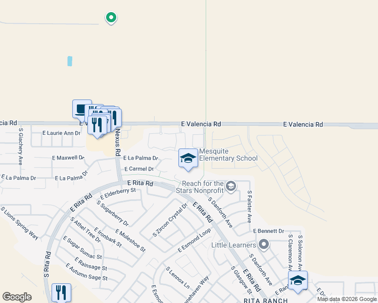 map of restaurants, bars, coffee shops, grocery stores, and more near 9478 East Bench Mark Loop in Tucson