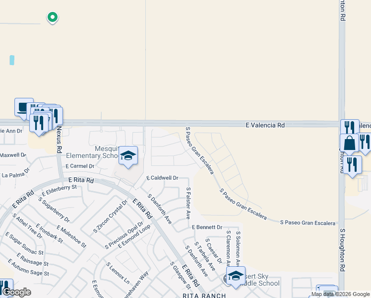 map of restaurants, bars, coffee shops, grocery stores, and more near 7511 South Falster Avenue in Tucson