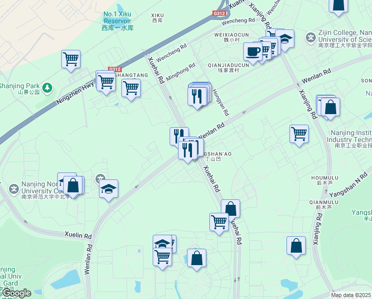 map of restaurants, bars, coffee shops, grocery stores, and more near Wen Lan Lu in Nan Jing Shi