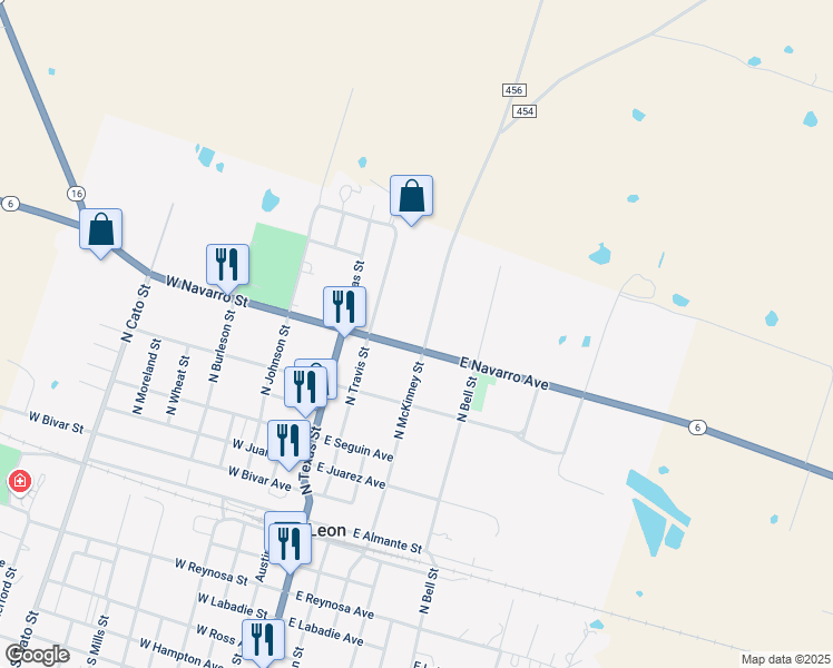 map of restaurants, bars, coffee shops, grocery stores, and more near 1040 North McKinney Street in De Leon
