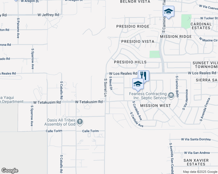 map of restaurants, bars, coffee shops, grocery stores, and more near 7398 South Nevil Drive in Tucson